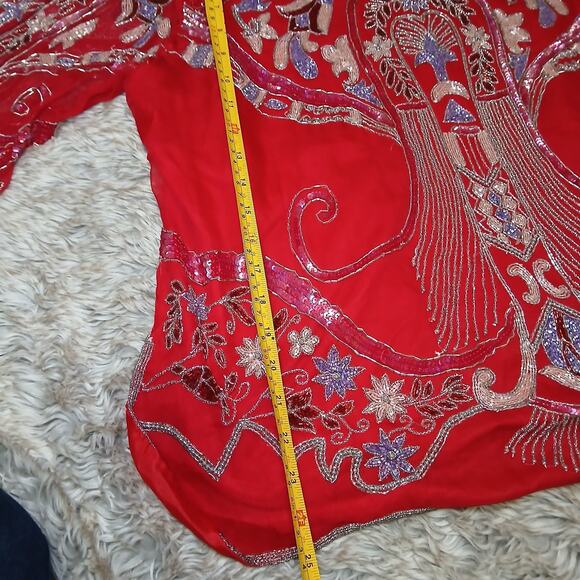Ramana Red Beaded Sequin Silk Blend Tunic Top Size 18 Embroidered Floral Vintage - Picture 8 of 14